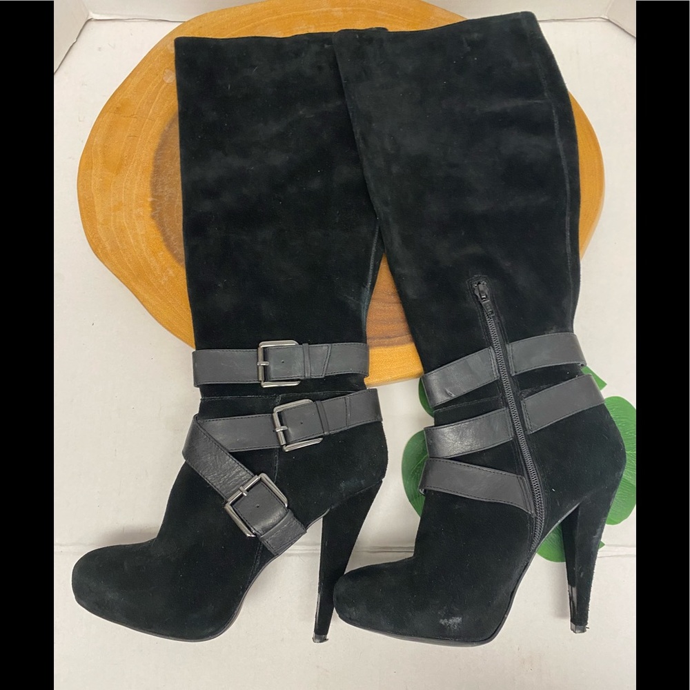 Also Leather Strappy Heeled Knee High Boots - Picture 1 of 8